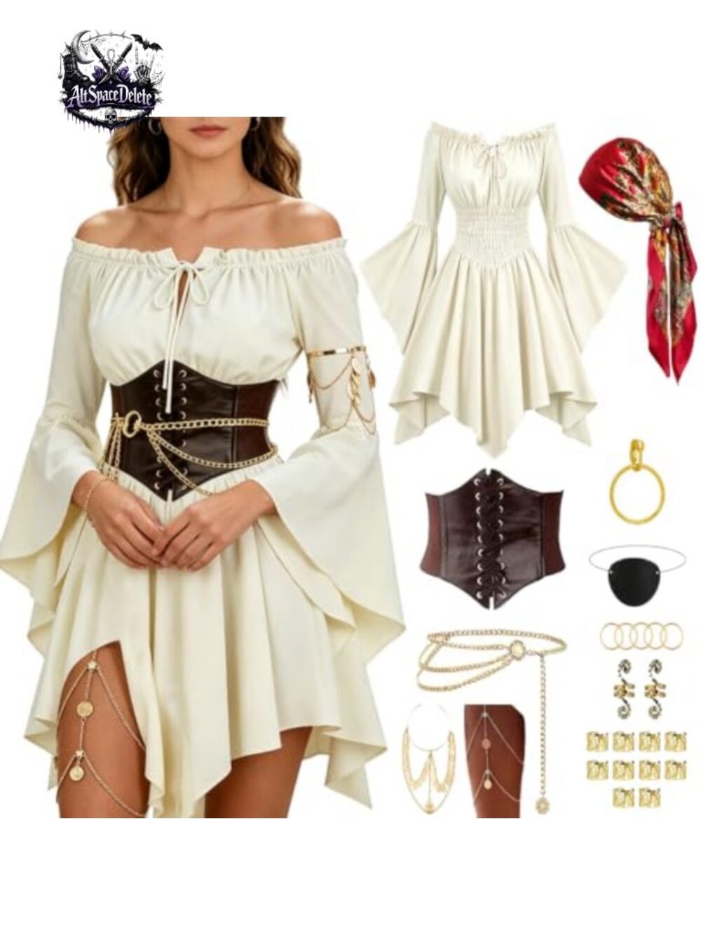 Women Pirate Costume Renaissance Blouse Corset Skirt Lace Cosplay Halloween